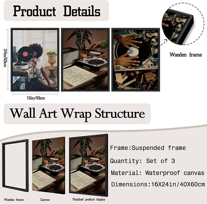 Black Girl Wall Art Decor Modern Black Woman Painting Prints, Set of 3 African American Music Record Player Poster Canvas Artwork for Bedroom Living Room 16x24 inch PS Framed