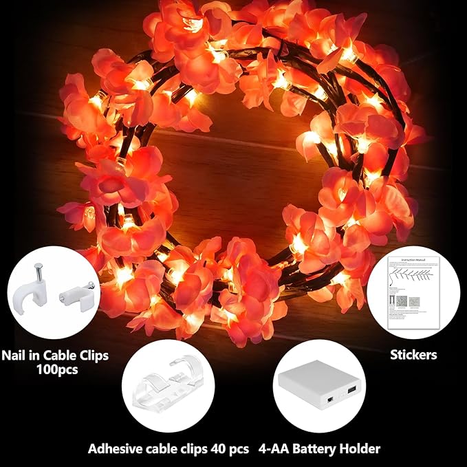 FNHMSL Cherry Enchanted Willow Vine Lights, 4FT 48LED 1PCS Pink Cherry Blossom Tree Branch Lights for Wall, Remote Timer,8 Light Model,Bedroom Wall Doors Wedding, Christmas, USB Battery Box