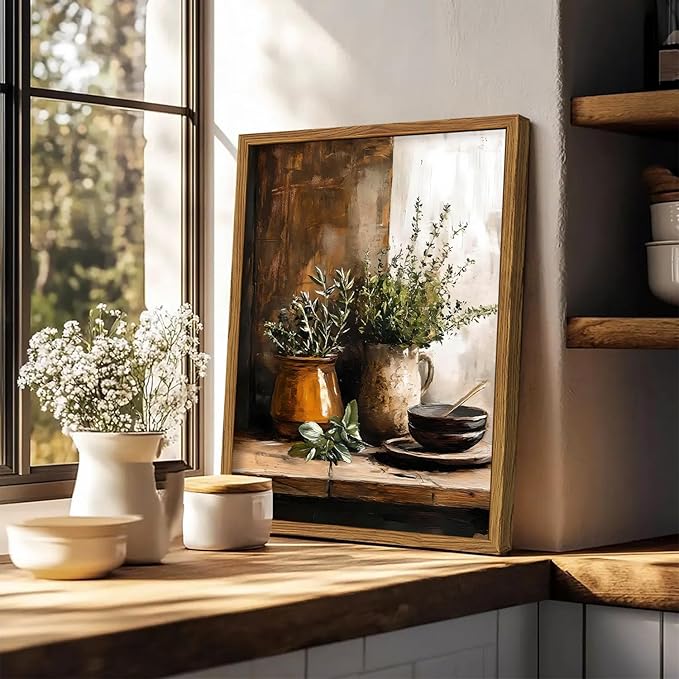 Framed Vintage Kitchen Wall Art, Rustic Herbs Pictures Wall Decor Paintings, Farmhouse Cottagecore Botanical Canvas Prints Moody Home Decor Aesthetic for Dining Room Living Room 16x24 inch