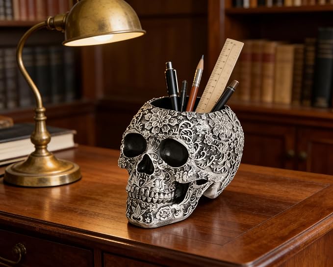 Skull Bowl Decorative Skull Vase Makeup Brush Pen Holder Organizer Dresser Gothic Table Organizer Decoration, Antique Silver Skull Pot Enthusiasts Gifts