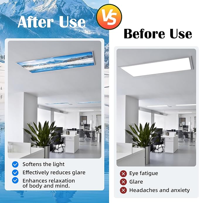 ANGSYLTH 2 Pcs Fluorescent Light Covers - 4 x 2 Feet Covers for Ceiling Lights, Magnetic Light Filters for Classroom, Office, Hospitals, Home (Winter - Snow)