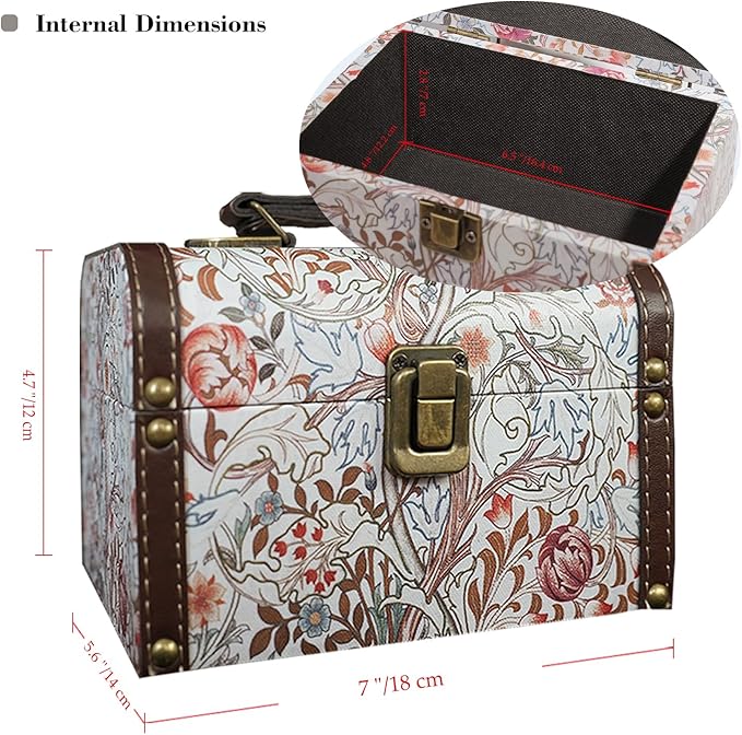 Vintage Decorative Storage Box with Handle, Retro Floral William Morris Keepsake Organizer Chest for Jewelry, Trinkets, Gift Packaging and Home Decor, 7 x 5.6 x 4.7 Inch