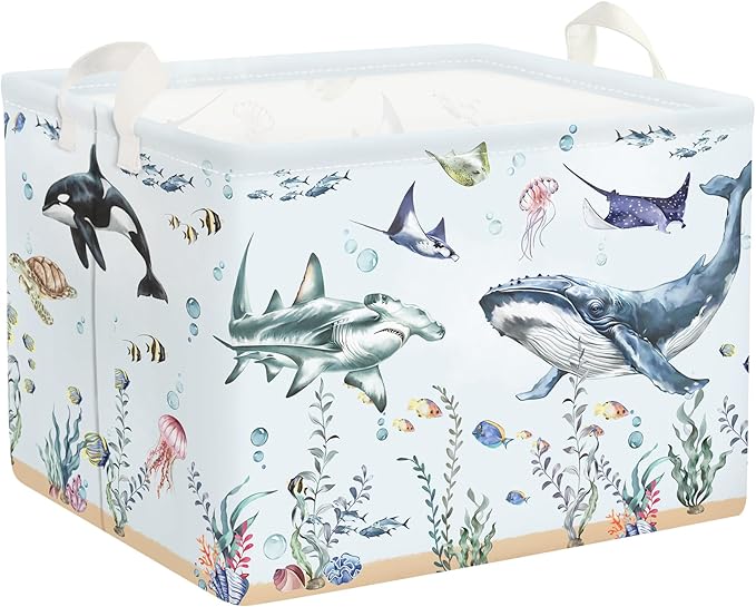 Ocean Animals Baby Laundry Hamper Collapsible Clothes Kids Storage Basket Large Boys Girls Gift Toy Box Bin for Nursery Room, Blue Shark, 36L