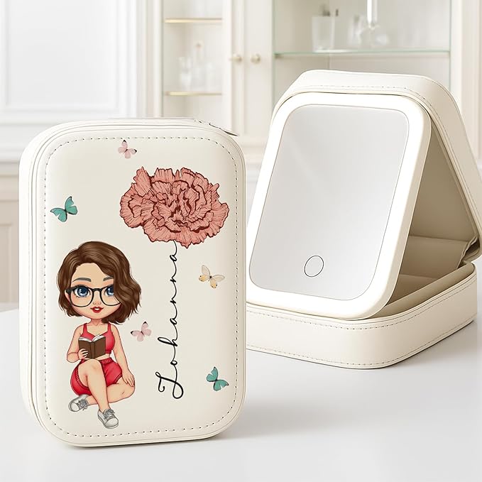 WANDERPRINT Personalized Floral Makeup Box with LED Mirror – Custom Name Birth Month Flower Jewelry Organizer, Travel Cosmetic Case Gift for Women & Girls on Christmas Birthday (Birth Month Girl 2)