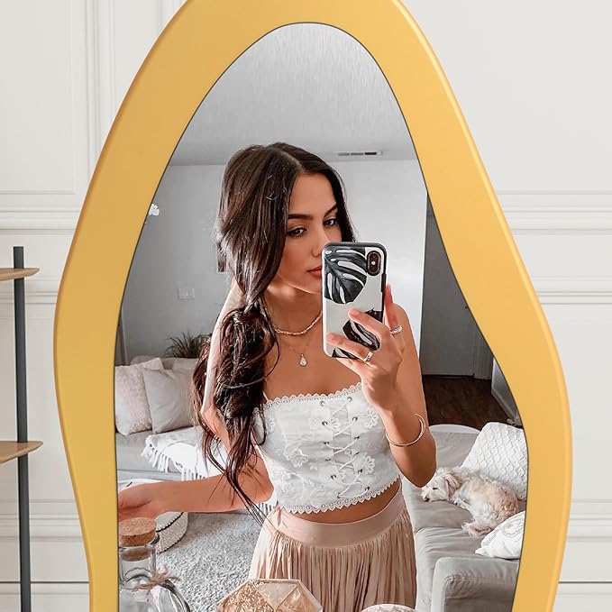 Full Length Mirror Gold Wooden Full Body Mirrors 59"x24" Irregular Wavy Mirror Full Length Floor Mirror for Cloakroom Bedroom Living Room