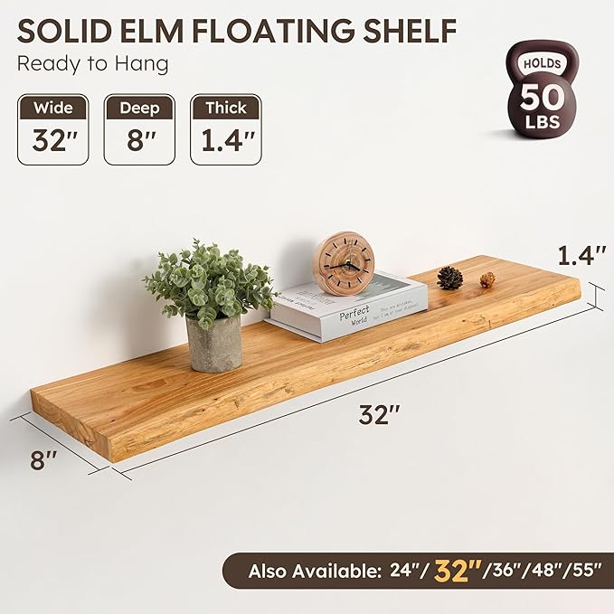 Floating Shelves Set of 2, Solid Elm Wood Wall Shelves 32 Inch - Invisible Bracket Mount for Living Room, Bedroom, Kitchen, Bathroom - Natural