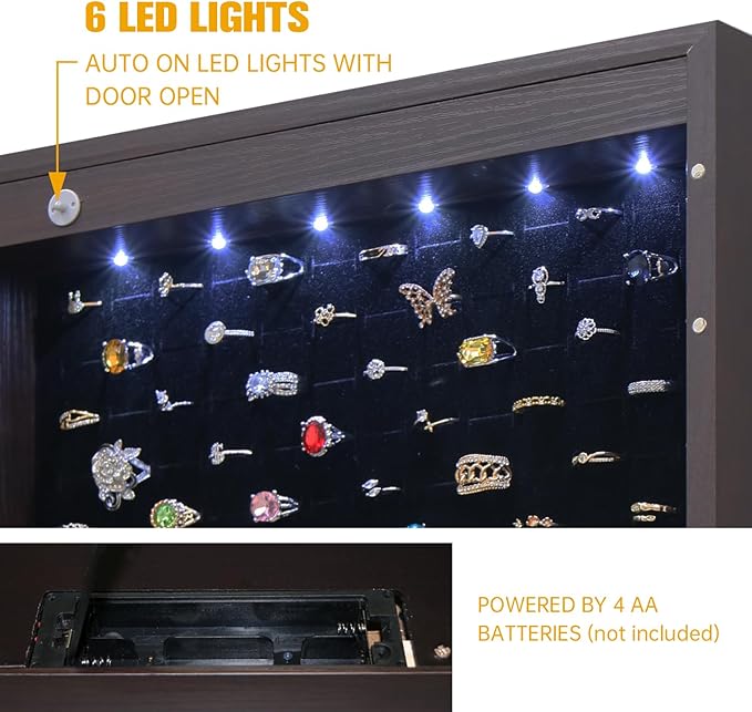 LED Jewelry Cabinet Armoire Organizer,Wall/Door Mount Jewelry Organizer and Storage with Full-Length Mirror Hanging Jewelry Organizer Full Length Mirror with Storage Large Capacity Brown