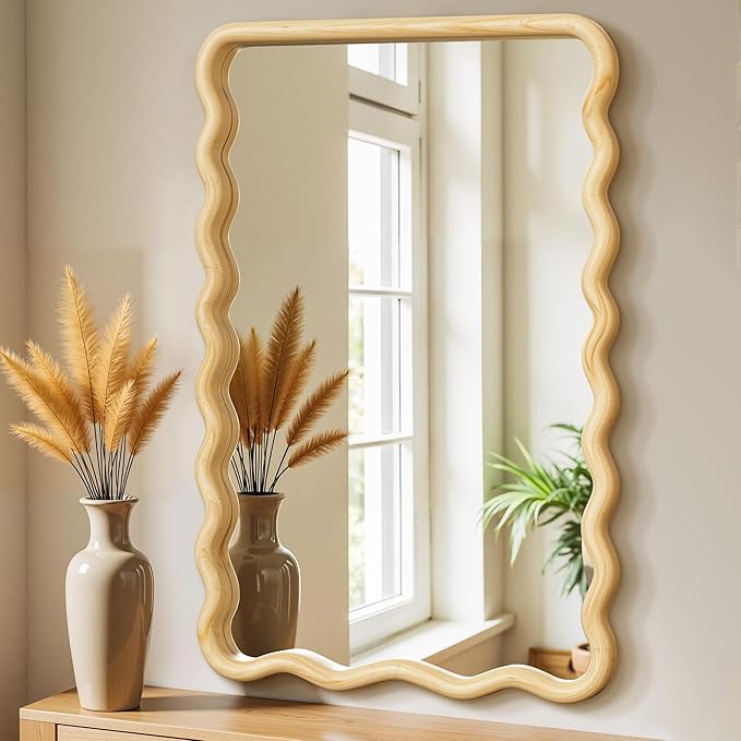 Bathroom Mirror for Wall, 20"x30" Boho Wavy Wood Mirror Large Full Length Decorative Mirror with Tempered Glass, Natural Wooden Frame Vanity Mirror for Bedroom, Living Room, Entryway