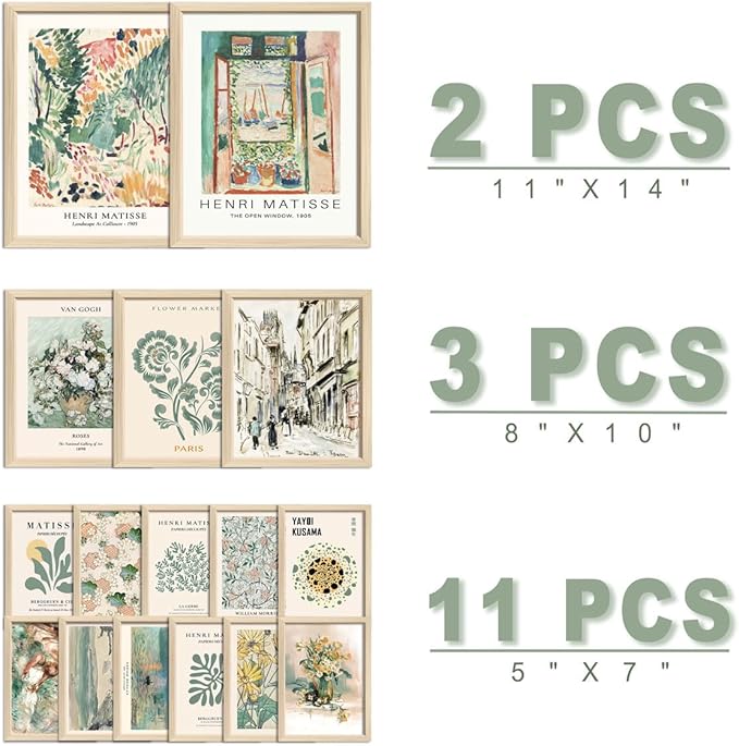ANERZA 16 PCS Framed Sage Green Wall Art Decor, Matisse Wall Prints for Bedroom, Gallery Wall Frame Set, Abstract Posters for Living Room Aesthetic, Collage Kit Pictures, Boho Dorm Home Decor