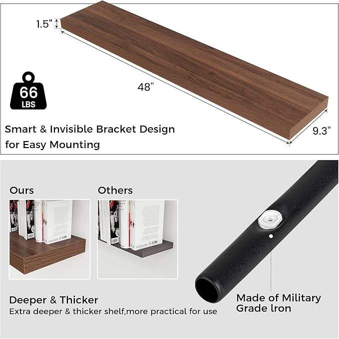 Venusmiles Floating Shelves for Wall, Engineered Wood Wall Shelves with Invisible Brackets for Living Room Bedroom Bathroom Office Kitchen Decor and Storage (Walnut, 48" W x 9" D x 1.5" H) Set of 2