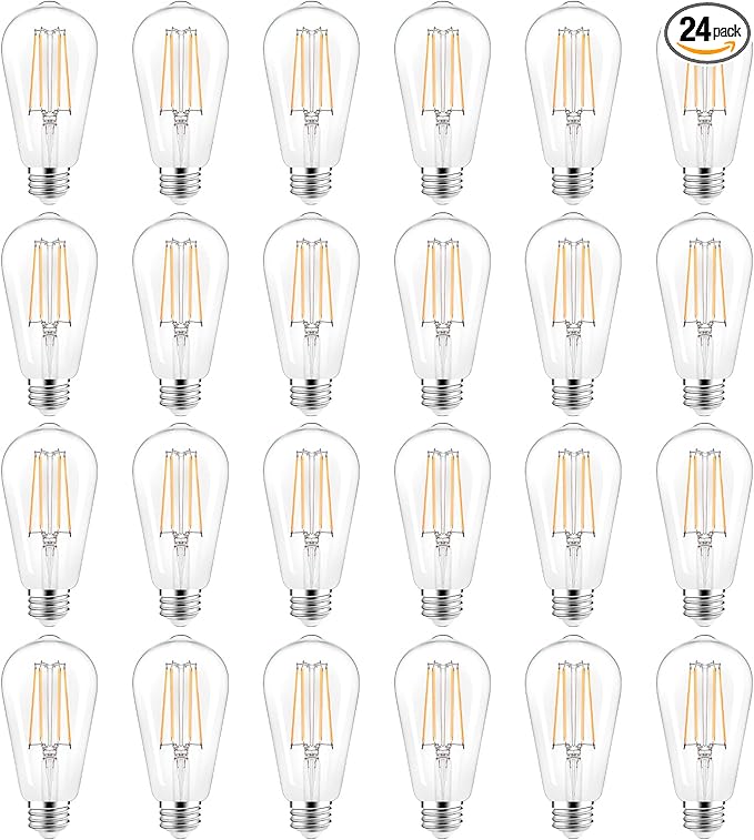 PARTPHONER LED Light Bulbs Dimmable Vintage Edison Bulb, E26 LED Bulb 60W Equivalent 720 Lumens, Warm White 2700K, ST58 Antique LED Filament Bulb CRI 85+, Clear Glass, Pack of 24