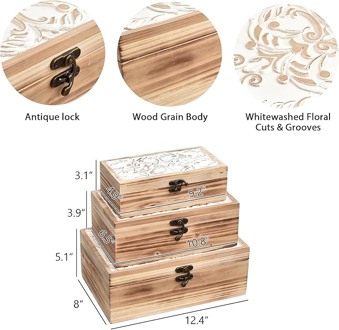 DECOR4SEASON Wooden Box Set of 3 - Rustic Farmhouse Decorative Boxes with Hinged Lid and Carved Design