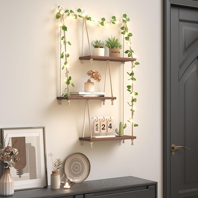 REFGY Hanging Shelves for Wall with Vine Lights, 3 Tier Rope Wall Hanging Plant Shelf, Boho Wall Decor Aesthetic for Succulents, Bedroom, Living Room, Bathroom (Rustic Brown)