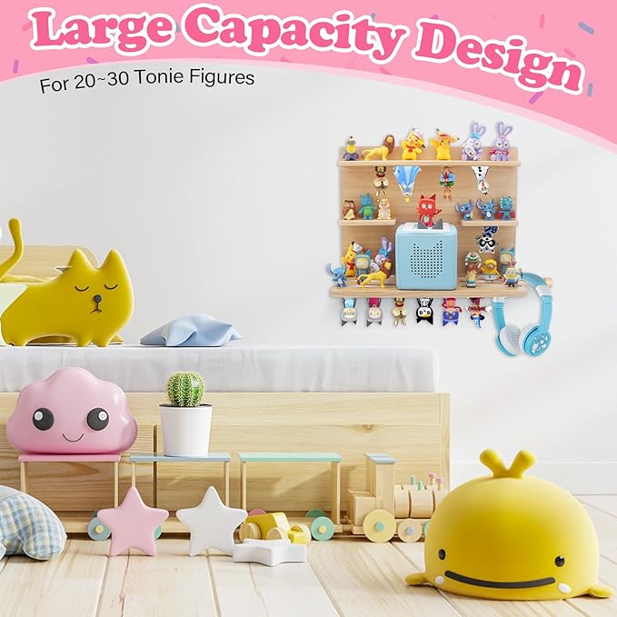 for Tonies Box Storage Shelf Wall Mounted, 3-Tier Magnetic Pine Wood Floating Shelves Organizer for Tonie box1/2 Player, Tonies Figures, Earphones, Display Collection 20~30 Characters