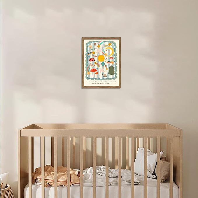 Framed Nursery Wall Art, Kids Inspirational Quote Canvas Wall Decor, Cute Insect Kids Room Prints Painting, Whimsical Sun and Moon Celestial Poster Pictures for Boys and Girls Room 16x24 Inch