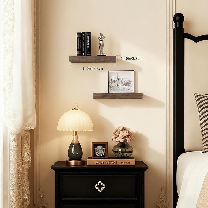Floating Shelves for Wall, Bathroom Shelves Over Toilet, Wall Shelves & Book Shelf, Hanging Shelf, Modern Wooden Wall-Mounted Samll Floating Shelves, 12x7x1.5 in (Smoke-Gray, Set of 2)