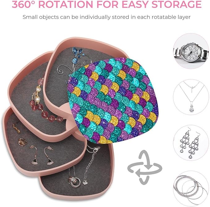 4-Layer Rotating Jewelry Storage Tray with Mirror Colorful Mermaid Fish Scales Jewelry Organizer Earring Holder for Bracelets Rings