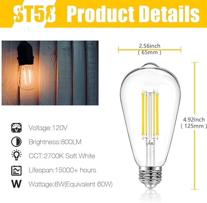DAYBETTER 16 Pack Vintage LED Edison Bulbs, E26 Led Bulb 60W Equivalent, Dimmable Led Light Bulbs, High Brightness 800 LM Warm White 2700K, ST58 Antique LED Filament Bulbs, Clear Glass Style for Home