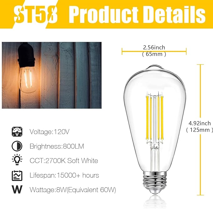 DAYBETTER 8 Pack Vintage LED Edison Bulbs, E26 Led Bulb 60W Equivalent, Dimmable Led Light Bulbs, High Brightness 800 LM Warm White 2700K, ST58 Antique LED Filament Bulbs, Clear Glass Style for Home