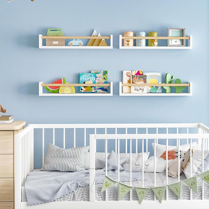 Fixwal Nursery Book Shelves, 23.6 Inch Floating Bookshelves for Wall Set of 4, Baby Nursery & Playroom Decor, Solid Wood Wall Mounted Shelves for Books and Toys Storage (White)