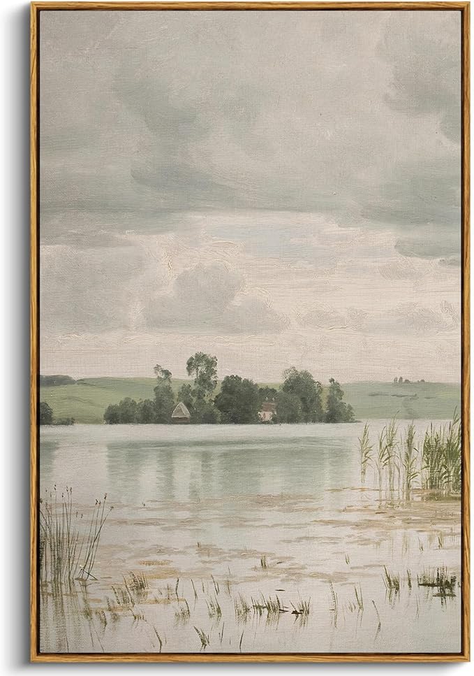 InSimSea Framed Canvas Prints Art Vintage Decor, Countryside Lakeside Landscape Paintings, Large Prints, Retro Hanging Wall Decorations for Bathroom Bedroom Living Room, 24"x36"