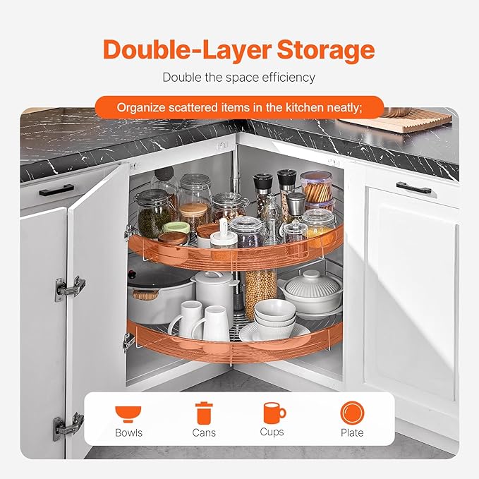 VEVOR 31.5" Kidney Shaped Chrome Corner Organizer, 360° Rotatble Kitchen Base Cabinet Blind Corner, 2 Tier Height Adjustable Storage Rack, Carbon Steel Lazy Susan Replacement Shelf for Cabinet Corner