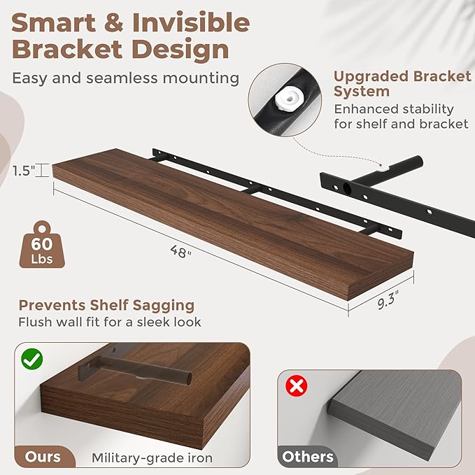 48 Inch Floating Shelves for Wall with Invisible Brackets Set of 2, 9"D Engineered Wood Wall Shelves with Wood Grain for Living Room, Bedroom, Bathroom, Kitchen Decor and Storage, Walnut Finish