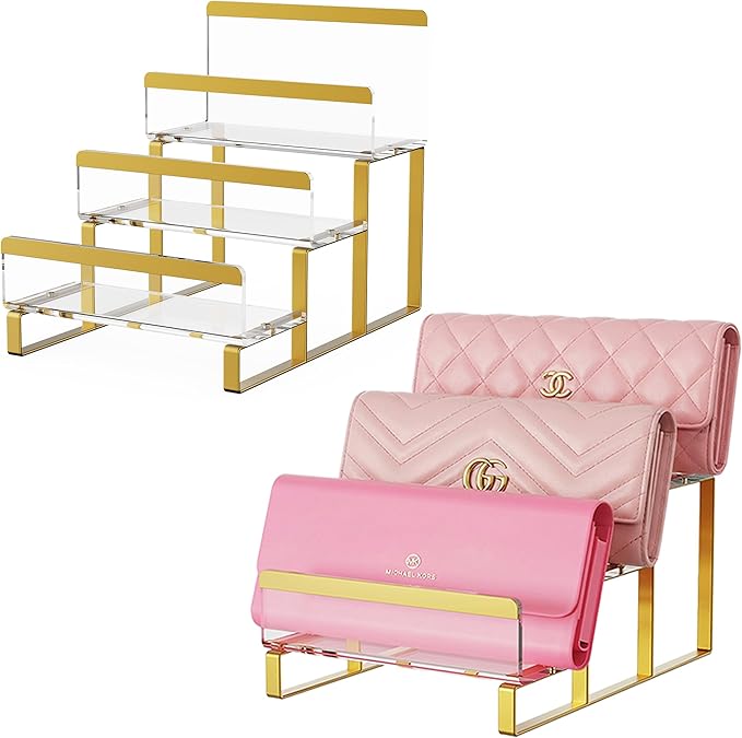 2-Pack Wallet Display Stand, 3-Layer Wide 2.75" Shelves Metal Clutch Holder, Purse Stand for Closet, Boutique Counter, Retail Store Display