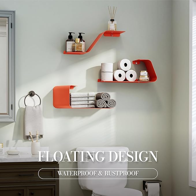 Sttoraboks Floating Wall Shelves Set of 3, Metal Mounted Shelf with Unique Design, Bookshelf for Storage & Display in Bathroom, Bedroom, Kitchen, Living Room, Orange Home Decor