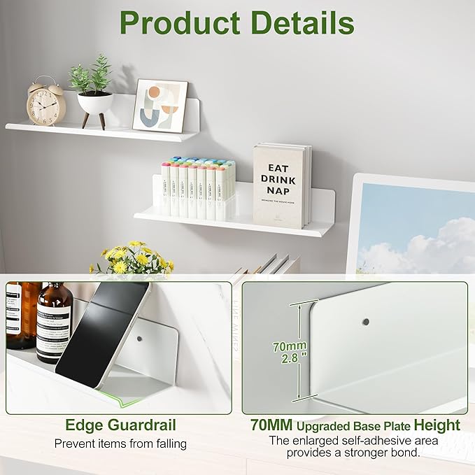 SAYAYO White Floating Shelves for Wall Storage, 16 Inch Screw or Self Adhesive Wall Shelves for Bedroom Decor, Display Bathroom Shelf Organizer for Kitchen, Living Room, Office, 2pcs