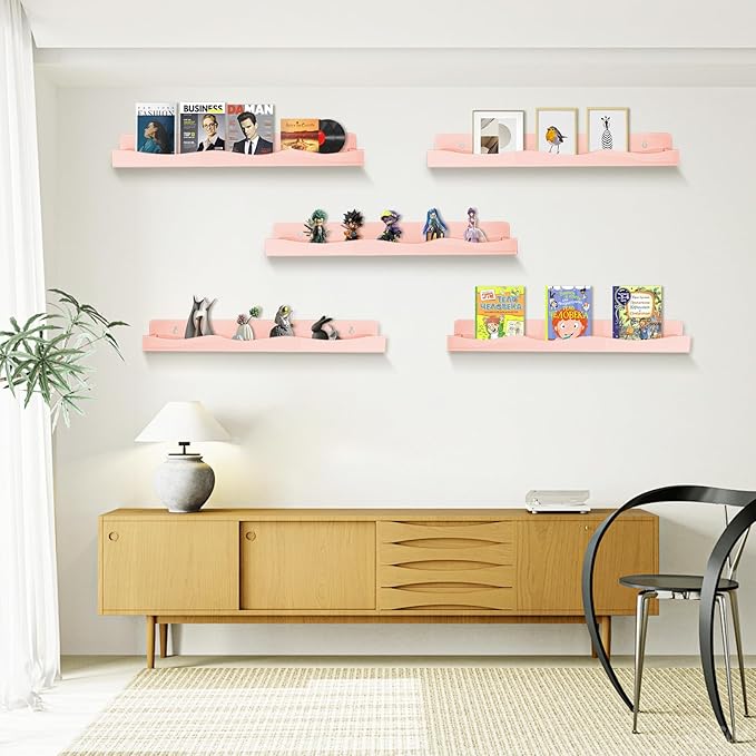 Nail Polish Wall Rack, 6-Shelf 15-Inch Light Pink Acrylic Nail Polish Shelves with Removable Ends – Multi-Purpose Shelf for Essential Oils, Cosmetics Storage and Display for Salons and Bathrooms