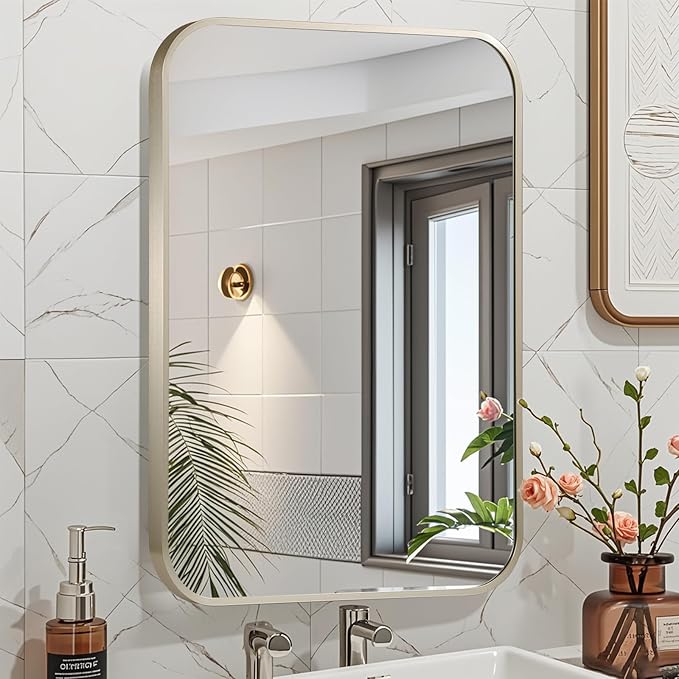 26x38 Inch Brushed Nickel Bathroom Mirror, Framed Rectangle Mirror with Rounded Corner, Brushed Mirror, Silver Bathroom Mirror for Over Sink, Vanity, Living Room, Bedroom, Horizontal/Vertical