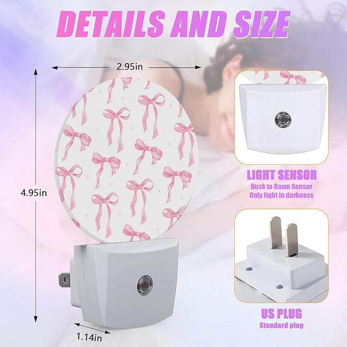 Pink Bow Night Light Ribbon Night Lights LED Lamp Round Plug into Wall Nightlight with Dusk to Dawn Sensor Home Hallway Stairway Kitchen Decor
