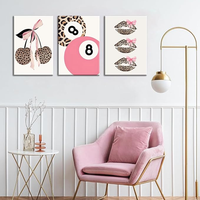 Trendy Pink Leopard Bow Canvas Wall Art Set of 3 Funky Cherry Lucky 8 Ball Posters Prints Cute Coquette Preppy Room Aesthetic Wall Decor Pictures for Girls Bedroom Apartment Dorm 16x24in