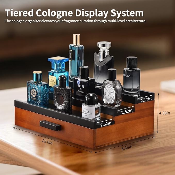 Perfume Organizer for Men, 3 Tier Wood Perfume Display Stand with Velvet Lining Drawer and Hidden Compartment for Watch,Jewelry,Perfume Display Risers,A Gift for Men (Black+Walnut)