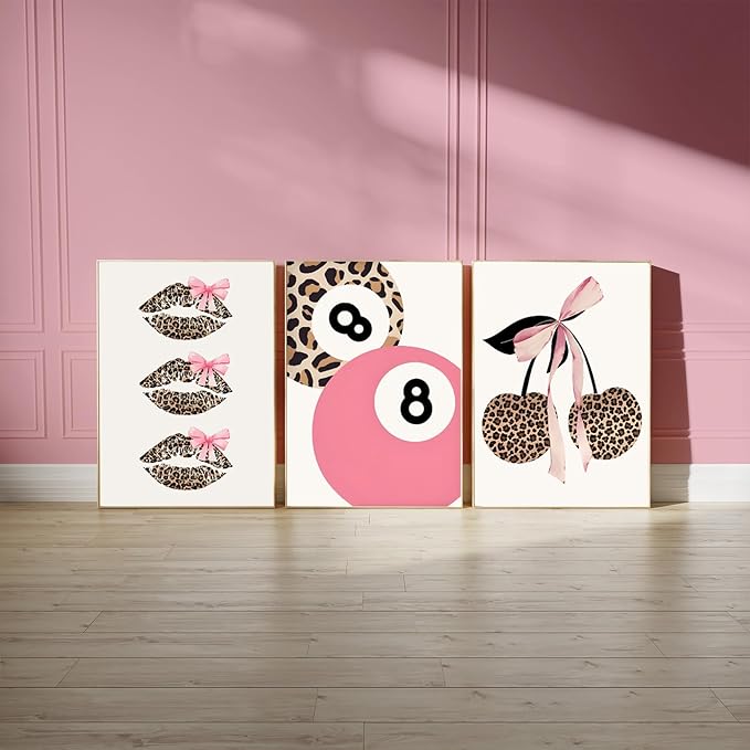 Trendy Pink Leopard Bow Wall Art Set of 3 Funky Cherry Lucky 8 Ball Posters Prints Cute Coquette Preppy Room Aesthetic Wall Decor Pictures for Girls Bedroom Apartment Dorm Unframed 16x24in