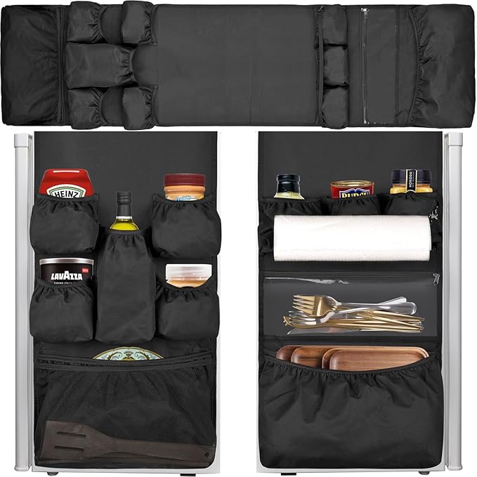 Mini Fridge Organizer Dorm Essentials - Over the Fridge Caddy Organizer, Dorm Room Storage, Mini Refrigerator Dust Cover Top with 12 Extra Large Fabric Pockets for Office Kitchen Home School, Black