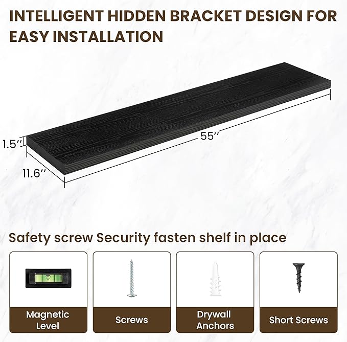 Acovy 55 Inch Floating Shelves, 12 Inch Deep Floating Shelves for Wall, Floating Shelf with Invisible Brackets, Deep Shelves for Bathroom, Bedroom, Living Room, 1 Pack, Black
