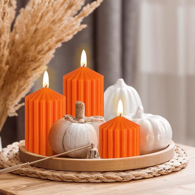 Conelist Set of 3 Orange Ribbed Pillar Candles Soy Wax Scented Ribbed Candles Includes 2.8, 4.2 and 5.1 Inches Heights Decorative Romantic Wedding Decoration for Couple Home Birthday Gift