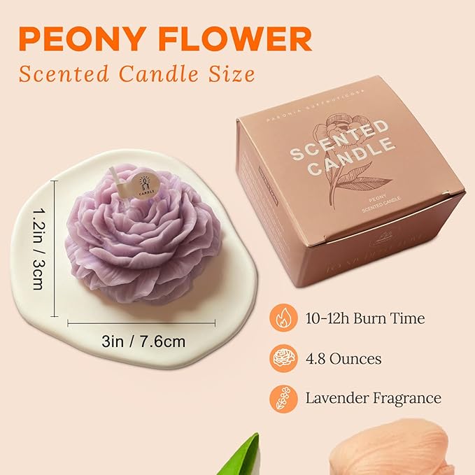 Purple Peony Flower Shape Candles for Women Friends Colleague Classmates Gift, 3 inch Pastel Aesthetic Scented Candle with Lavender Fragrance