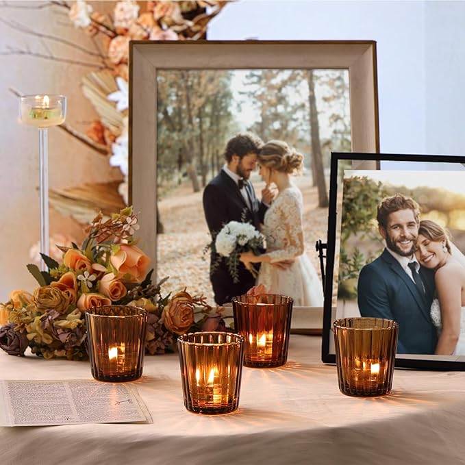 NITIME 24Pcs Vintage Ribbed Amber Votive Candle Holders, Fall Centerpieces for Tables, Tealight Candle Holder for Thanksgiving, Wedding Decor, Boho Home Decor and Christmas Decor