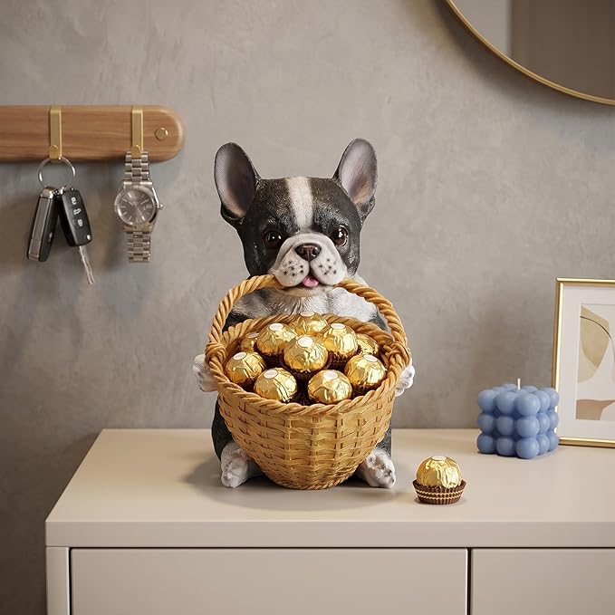 Dog Resin Storage Basket, Desktop Organizer for Remote & Keys, Cute Home Decor Tray, Ideal present for Pet Lovers.(French Bulldog Biting Basket)