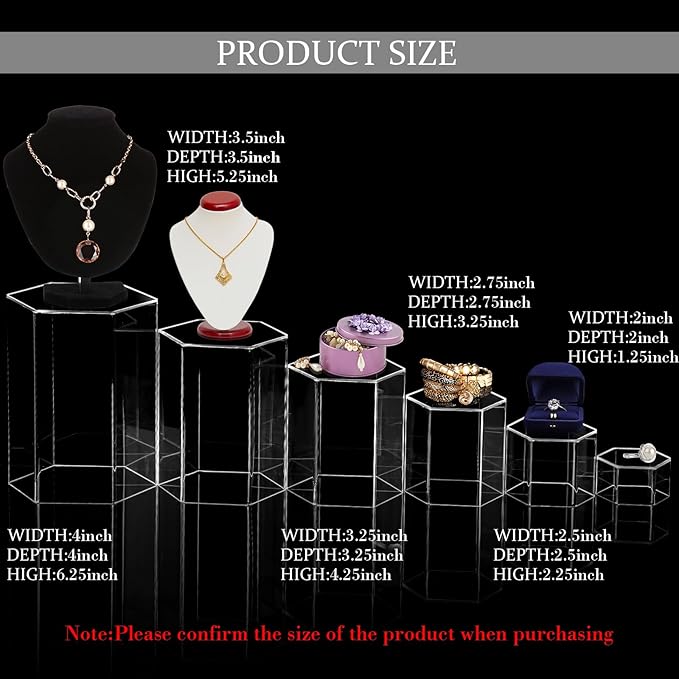 Jetec Hexagonal Jewelry Display Risers Hexagonal Market Display Risers Stands Acrylic Showcase Acrylic Stand for Jewelry Model Figures Decoration, 6 Sizes(Clear,6 Pieces)
