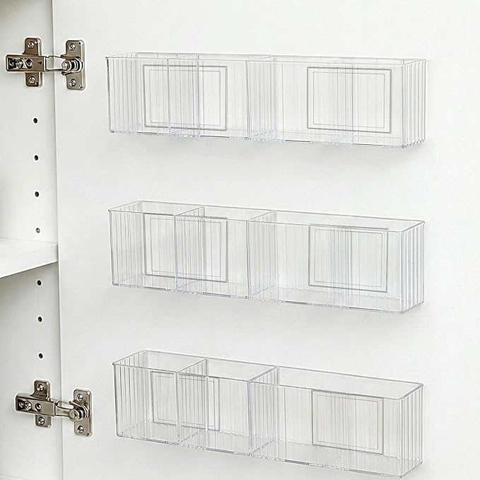 3 Pack Bathroom Makeup Organizer Long Narrow Clear Cabinet Door Organizer Wall Mount Clear Bathroom-Organizers and Storage with 3 Compartments Acrylic Shower Shelves for Kitchen & Bathroom,Office