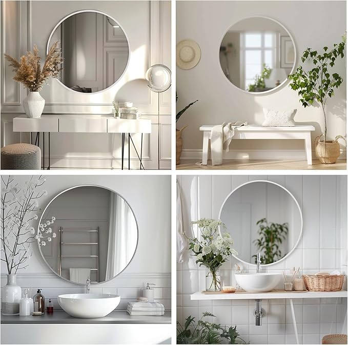 Sunniry White Circle Mirror, Round Mirror 20 inch, White Round Mirrors Matte Metal Frame, Circle Mirrors for Bathroom, Bedroom, Living Room, Hallway.