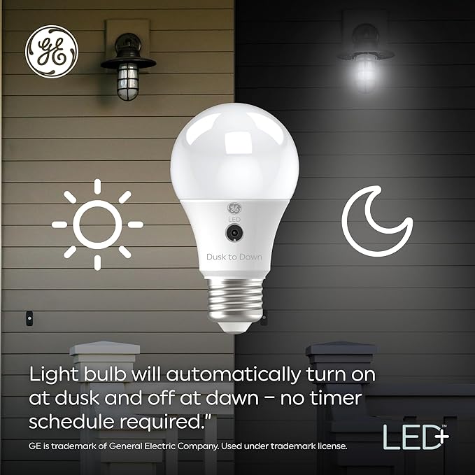 GE LED+ Dusk to Dawn LED Light Bulbs, Automatic On/Off Outdoor Security Lights, Soft White, E12 Candelabra Base (8 Pack)