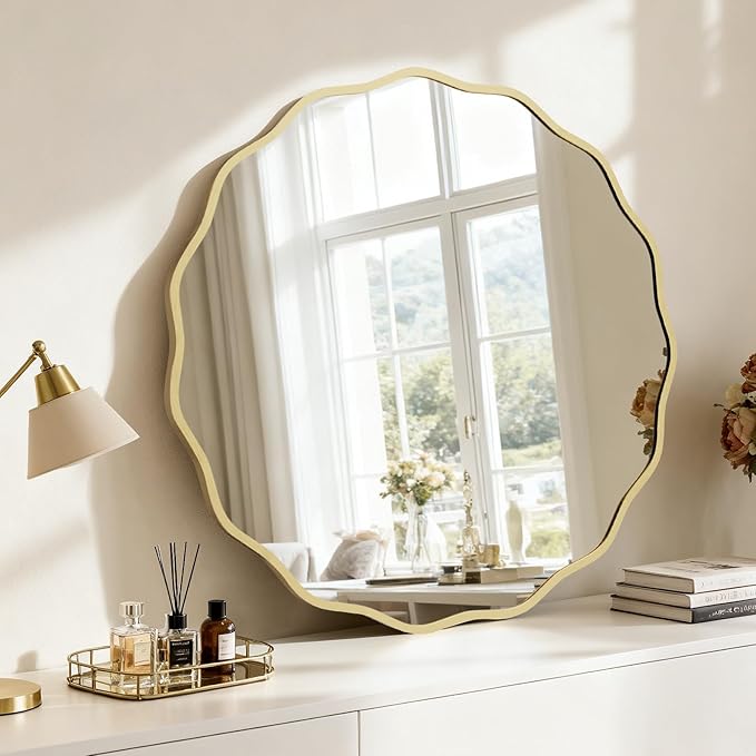 HOMECOOKIN 32 Inch Wavy Round Wall Mirror, Round Wavy Wall Mirror with Aluminum Frame for Bathroom Upgrades, Hotels, Dressing Tables,Farmhouses