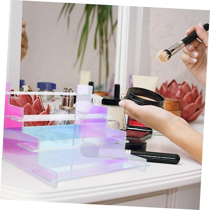 Transparent Acrylic Display Stand for Makeup and Perfume Organizer Dazzling Rainbow Color Figurines Rack Versatile Decorative Risers for Home and Vanity Use