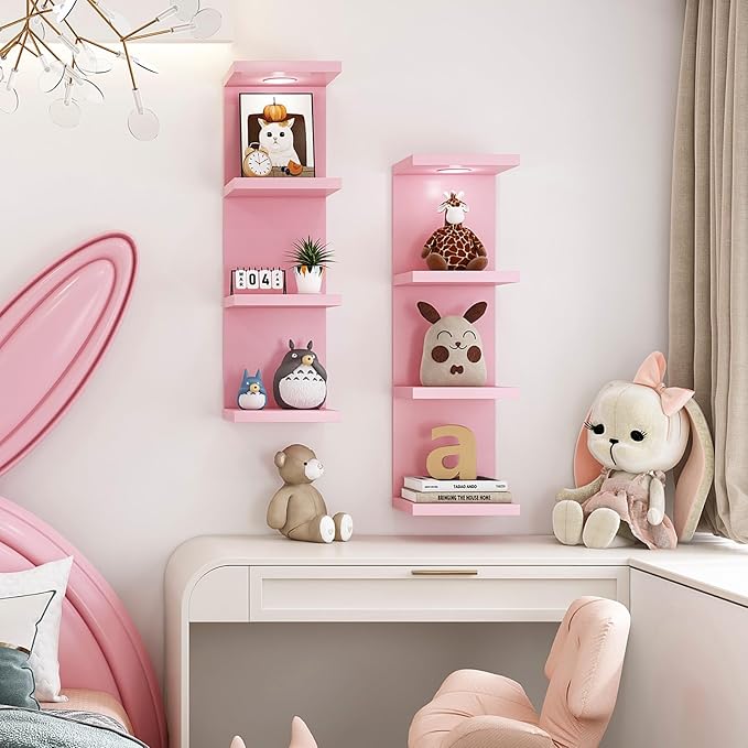 LitaEther Versatile 4 Tier Wall Shelf Unit,Pink Lack Wall Shelf,Display Floating Shelf with LED Remote Control Light