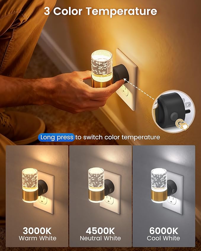 NIORSUN Night Light Plug into Wall, Dimmable Nights Lights with 3 CCT & 5 Brightness Levels, Slim Acrylic Plug in Night Light, Auto Dusk to Dawn Sensor for Stairs, Hallway, Bathroom, Gold, 4 Pack
